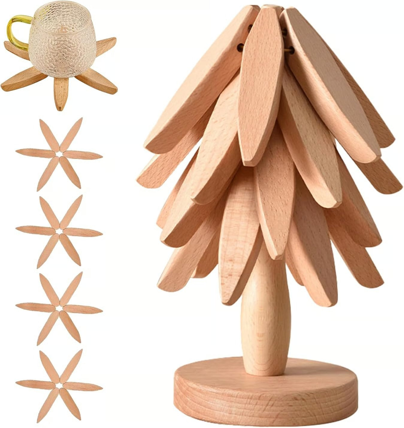 🔥Christmas Early Discount 56% Off✨Natural Tree Trivet Set - 4 Wooden Trivets & 1 Stand Like a Christmas Tree