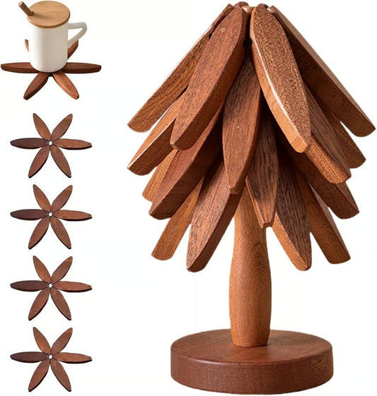 🔥Christmas Early Discount 56% Off✨Natural Tree Trivet Set - 4 Wooden Trivets & 1 Stand Like a Christmas Tree